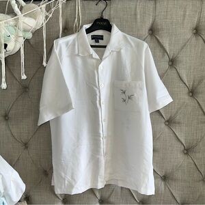 Weekender Men's Tropical Embroidered Button-Up Shirt Size L Off-White